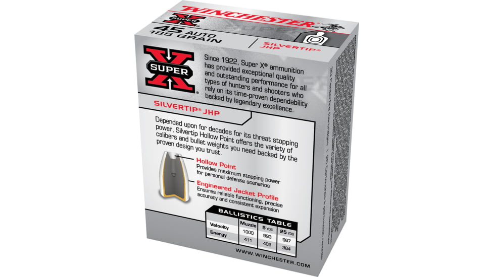 Winchester Super-X HANDGUN .45 ACP 185 grain Silvertip Jacketed Hollow Point Brass Cased Centerfire Pistol Ammo, 20 Rounds, X45ASHP2