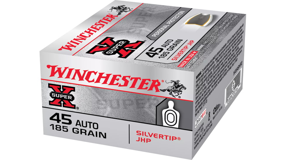 Winchester Super-X HANDGUN .45 ACP 185 grain Silvertip Jacketed Hollow Point Brass Cased Centerfire Pistol Ammo, 20 Rounds, X45ASHP2