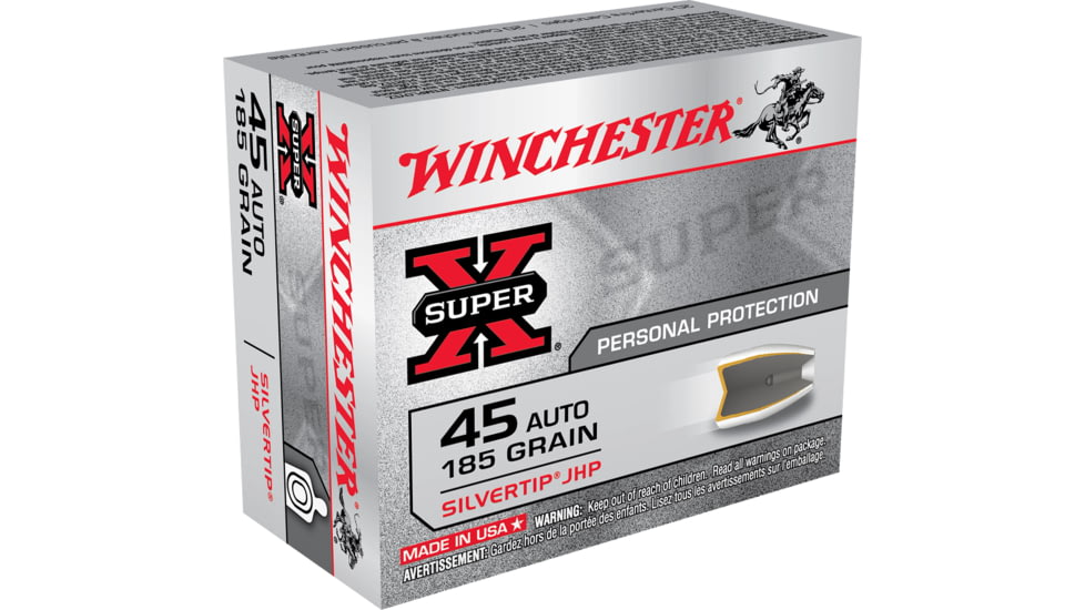 Winchester Super-X HANDGUN .45 ACP 185 grain Silvertip Jacketed Hollow Point Brass Cased Centerfire Pistol Ammo, 20 Rounds, X45ASHP2