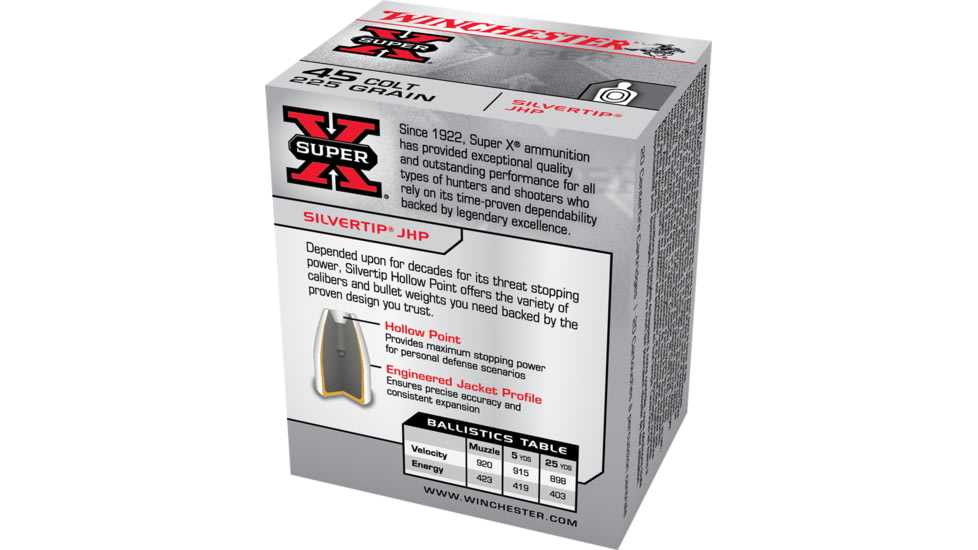 Winchester Super-X HANDGUN .45 Colt 225 grain Silvertip Jacketed Hollow Point Brass Cased Centerfire Pistol Ammo, 20 Rounds, X45CSHP2