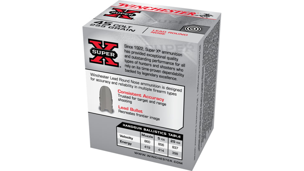 Winchester Super-X HANDGUN .45 Colt 255 grain Lead Round Nose Brass Cased Centerfire Pistol Ammo, 20 Rounds, X45CP2