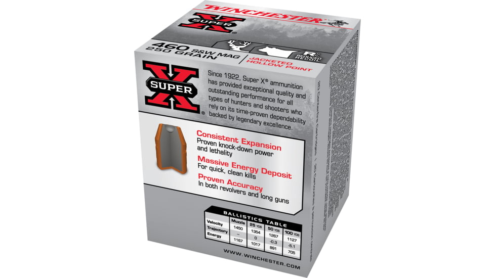 Winchester Super-X HANDGUN .460 S&amp;W 250 grain Jacketed Hollow Point Centerfire Pistol Ammo, 20 Rounds, X460SW