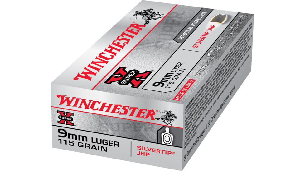 Winchester Super-X HANDGUN 9 mm Luger 115 grain Silvertip Jacketed Hollow Point Brass Cased Centerfire Pistol Ammo, 50 Rounds, X9MMSHP
