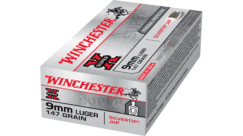 Winchester Super-X HANDGUN 9 mm Luger 147 grain Silvertip Jacketed Hollow Point Brass Cased Centerfire Pistol Ammo, 50 Rounds, X9MMST147