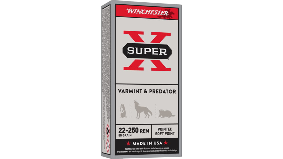 Winchester Super-X RIFLE .22-250 Remington 55 grain Jacketed Soft Point Centerfire Rifle Ammo, 20 Rounds, X222501