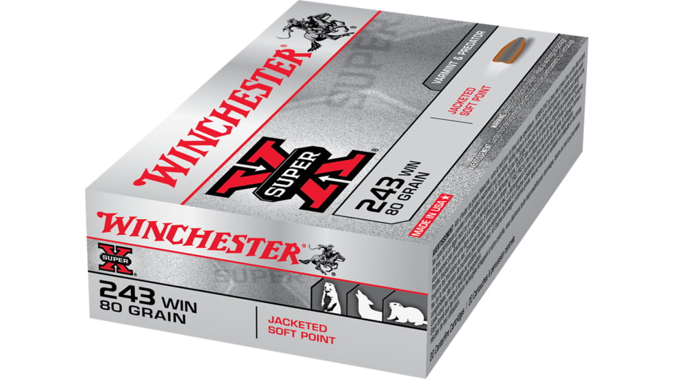 Winchester Super-X RIFLE .243 Winchester 80 grain Jacketed Soft Point Brass Cased Centerfire Rifle Ammo, 20 Rounds, X2431