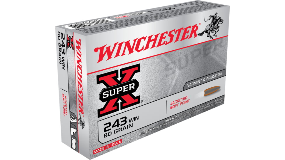 Winchester Super-X RIFLE .243 Winchester 80 grain Jacketed Soft Point Brass Cased Centerfire Rifle Ammo, 20 Rounds, X2431