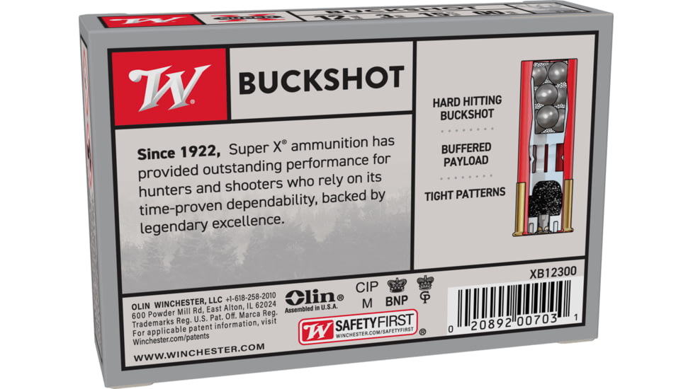 Winchester Super-X Shotshell 12 Gauge 15 Pellets 3in Centerfire Shotgun Buckshot Ammo, 5 Rounds, XB12300