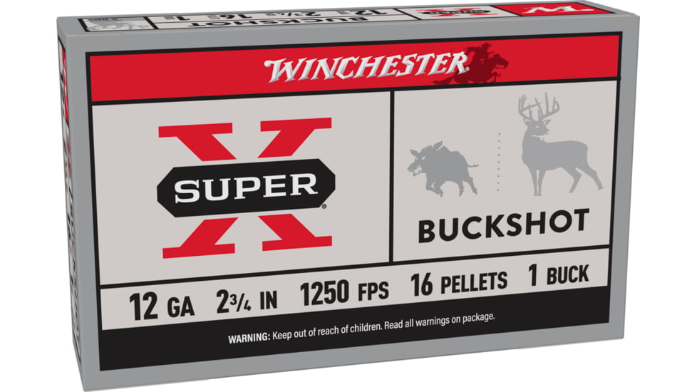 Winchester Super-X Shotshell 12 Gauge 16 Pellets 2.75in Centerfire Shotgun Buckshot Ammo, 5 Rounds, XB121