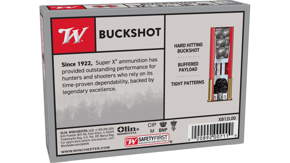Winchester Super-X Shotshell 12 Gauge 18 Pellets 3.5in Centerfire Shotgun Buckshot Ammo, 5 Rounds, XB12L00