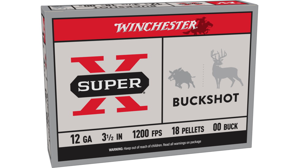 Winchester Super-X Shotshell 12 Gauge 18 Pellets 3.5in Centerfire Shotgun Buckshot Ammo, 5 Rounds, XB12L00
