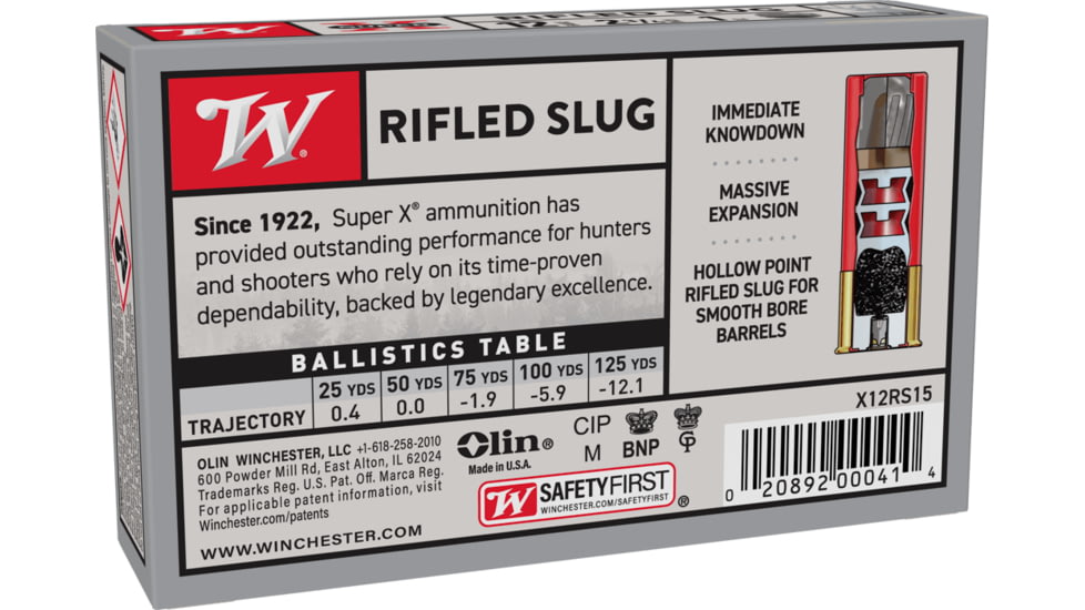 Winchester Super-X Shotshell, 12 Gauge, 2 3/4 in, Centerfire Shotgun Slugs Ammo, 5 Rounds, X12RS15