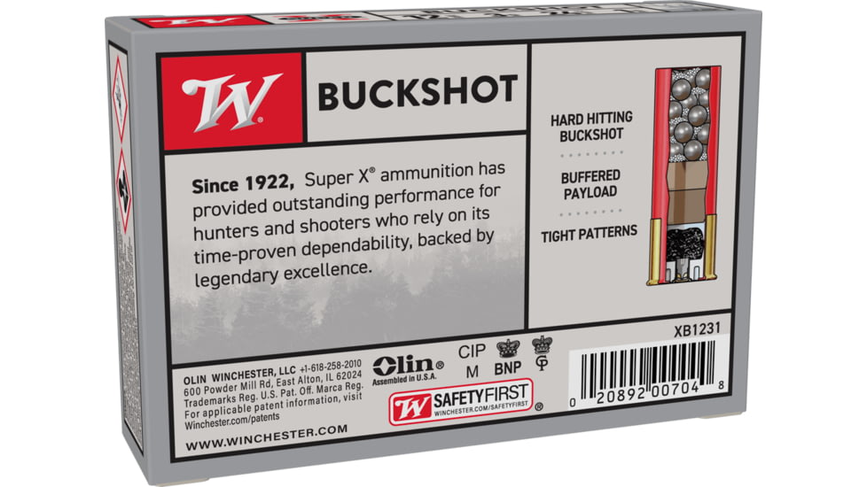 Winchester Super-X Shotshell 12 Gauge 24 Pellets 3in Centerfire Shotgun Buckshot Ammo, 5 Rounds, XB1231