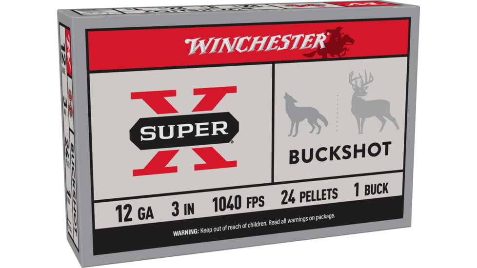 Winchester Super-X Shotshell 12 Gauge 24 Pellets 3in Centerfire Shotgun Buckshot Ammo, 5 Rounds, XB1231