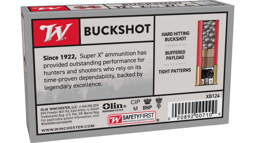 Winchester Super-X Shotshell 12 Gauge 27 Pellets 2.75in Centerfire Shotgun Buckshot Ammo, 5 Rounds, XB124