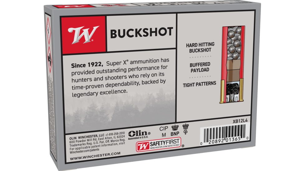 Winchester Super-X Shotshell 12 Gauge 54 Pellets 3.5in Centerfire Shotgun Buckshot Ammo, 5 Rounds, XB12L4
