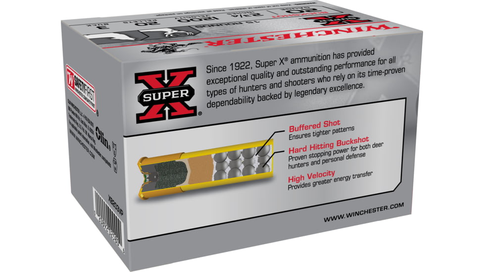 Winchester Super-X Shotshell 20 Gauge 20 Pellets 2.75in Centerfire Shotgun Buckshot Ammo, 15 Rounds, XB203VP