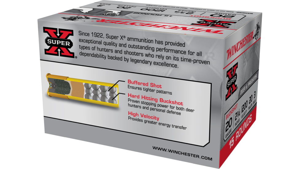 Winchester Super-X Shotshell 20 Gauge 20 Pellets 2.75in Centerfire Shotgun Buckshot Ammo, 15 Rounds, XB203VP
