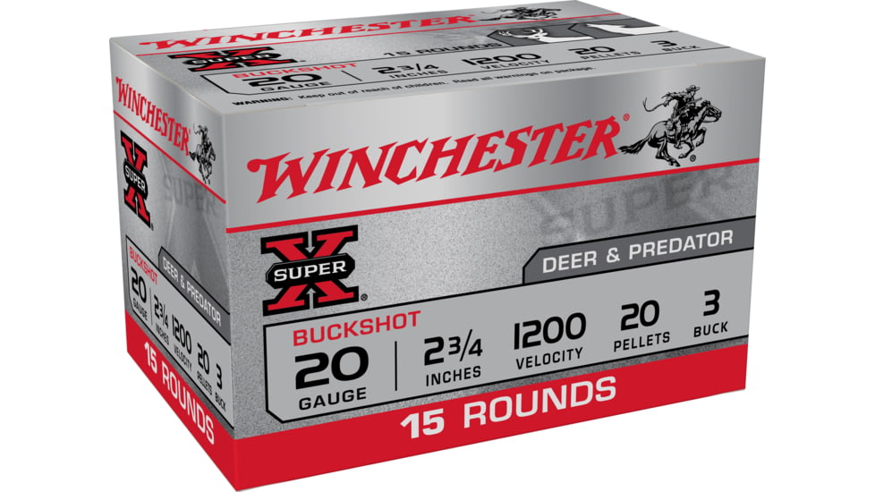 Winchester Super-X Shotshell 20 Gauge 20 Pellets 2.75in Centerfire Shotgun Buckshot Ammo, 15 Rounds, XB203VP