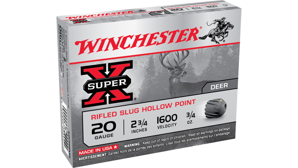Winchester Super-X Shotshell 20 Gauge 3/4 oz 2.75in Centerfire Shotgun Slug Ammo, 15 Rounds, X20RSM5VP
