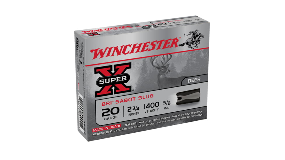Winchester Super-X Shotshell BRI 20 Gauge 5/8 oz 2.75in Centerfire Shotgun Slug Ammo, 5 Rounds, XRS20