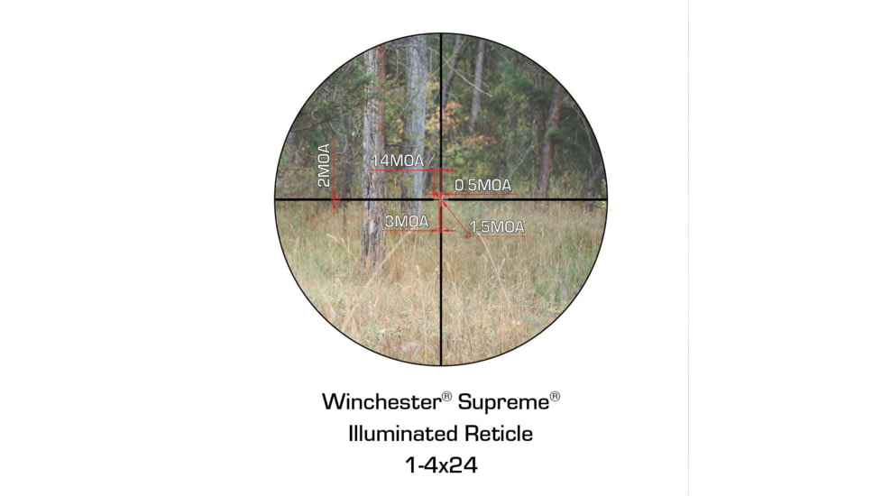 Winchester Supreme Optics 1-4x24mm 30mm Tube IR Rifle Scope, Second Focal Plane, Illuminated Etched Reticle, Black, 1-4x24IR