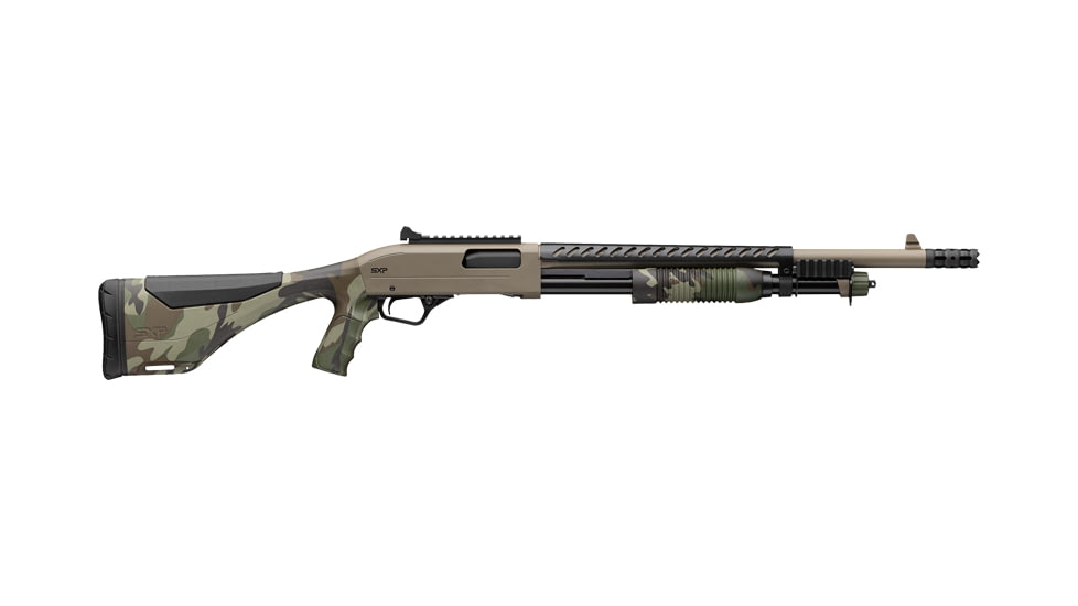 Winchester SXP Defender 3in Field Pump Shotgun, 12 Gauge, 18in BBL, Synthetic FDE/Woodland Stock, Blade Front Sight, FDE, 512460395
