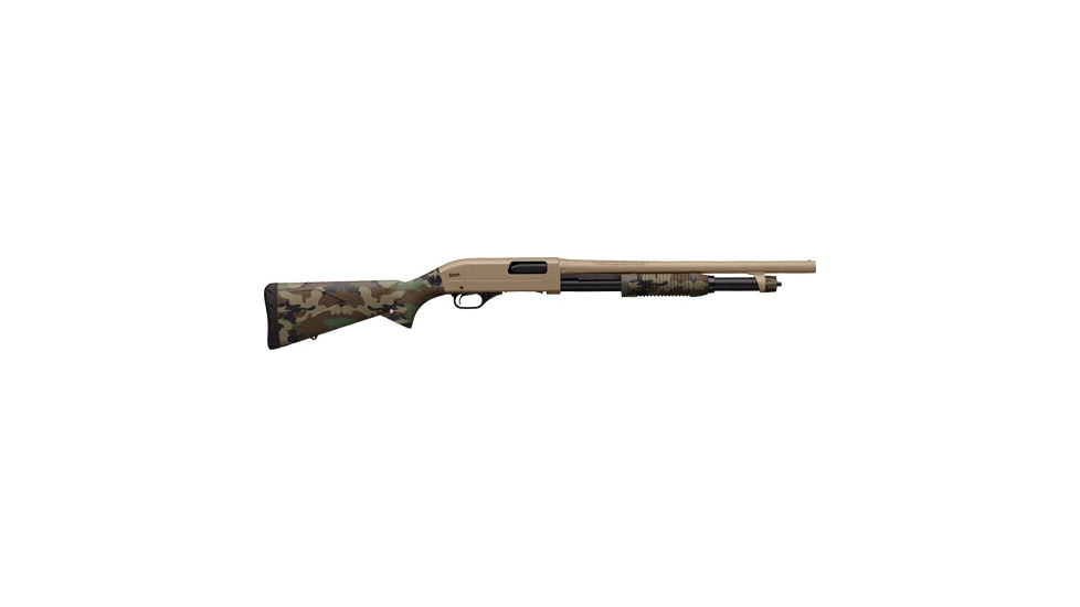 Winchester SXP Defender 3in Field Pump Shotgun, 12 Gauge, 18in BBL, Synthetic FDE/Woodland Stock, Truglo Front Fiber Optic Sight, FDE, 512435395