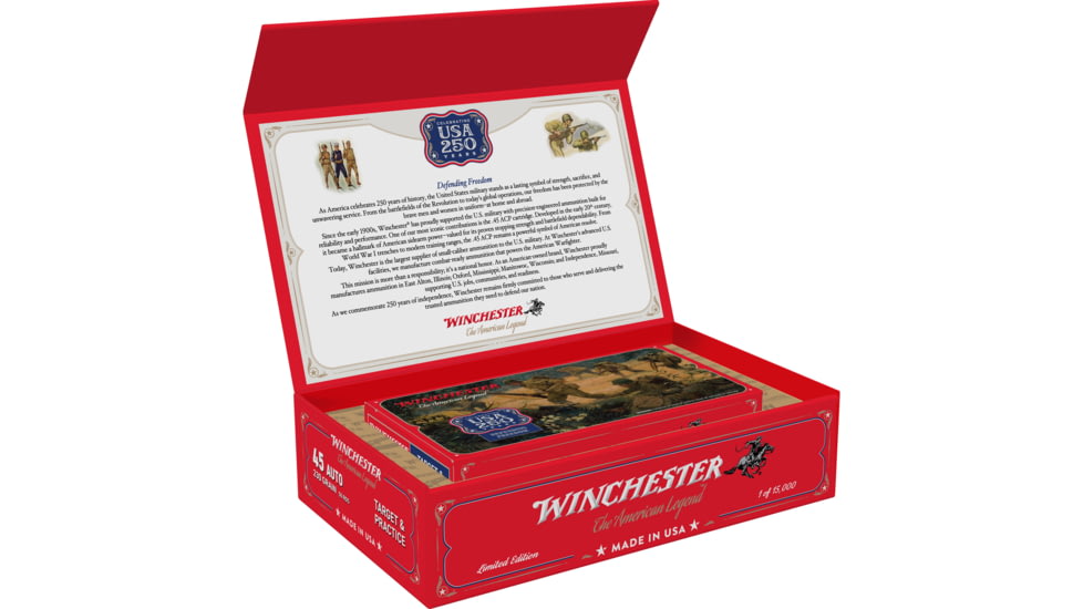 Winchester USA 250Th Anniversary .45 ACP 230 Grain Full Metal Jacketed Brass Cased Pistol Ammunition, 50 Rounds, USA45250