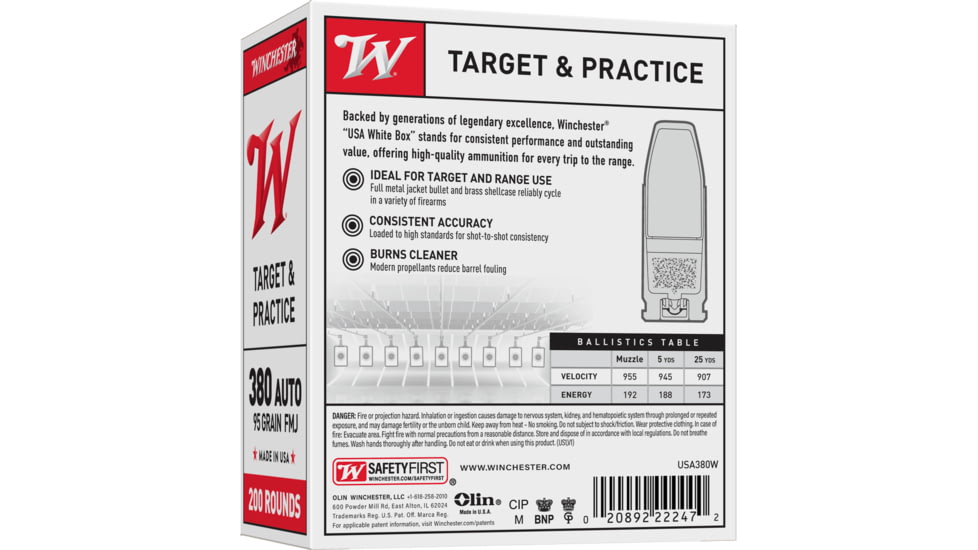 Winchester USA, .380 ACP, 95 Grain, FMJ, Brass Case, Centerfire Pistol Ammo, 200 Rounds Box, USA380W