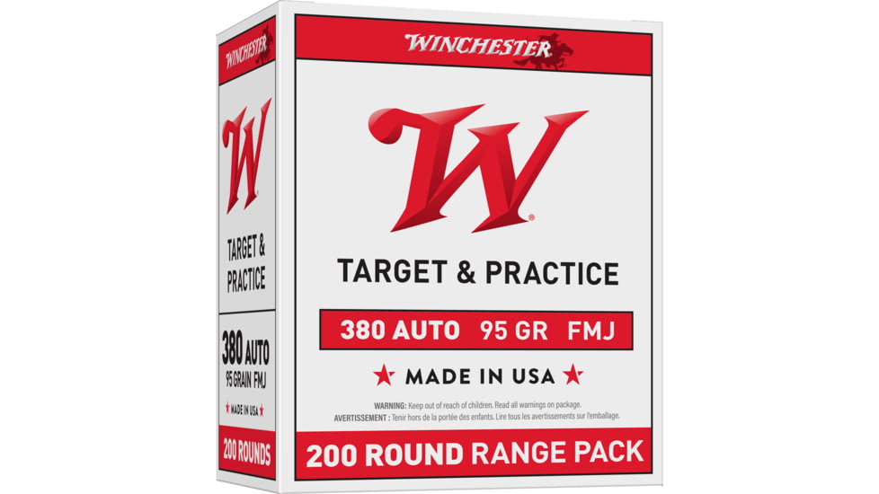 Winchester USA, .380 ACP, 95 Grain, FMJ, Brass Case, Centerfire Pistol Ammo, 200 Rounds Box, USA380W
