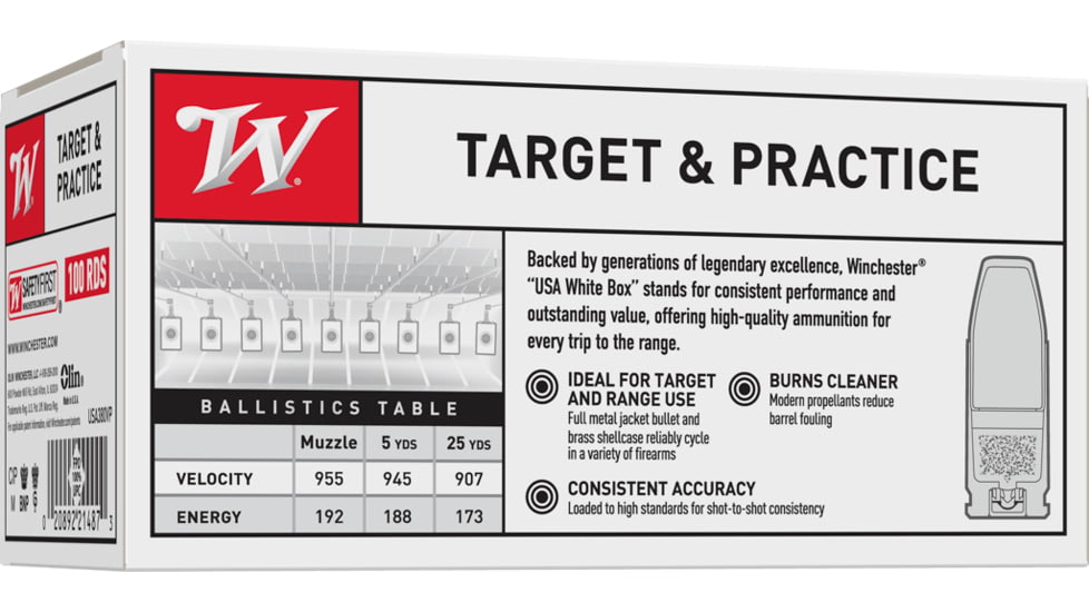 Winchester USA, .380 ACP, 95 Grain, FMJ, Brass Case, Centerfire Pistol Ammo, 100 Rounds Box, USA380VP