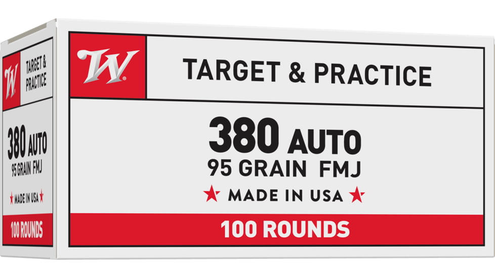 Winchester USA, .380 ACP, 95 Grain, FMJ, Brass Case, Centerfire Pistol Ammo, 100 Rounds Box, USA380VP