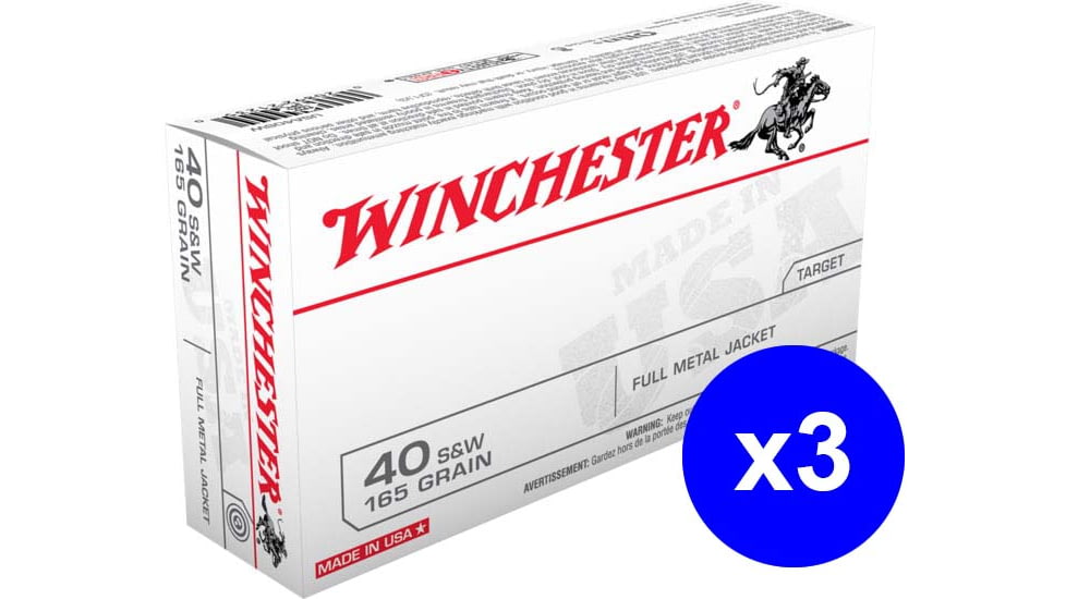 Winchester USA, .40 S&amp;W, 165 Grain, FMJ, Brass Case, Centerfire Pistol Ammo, 150 Rounds Box