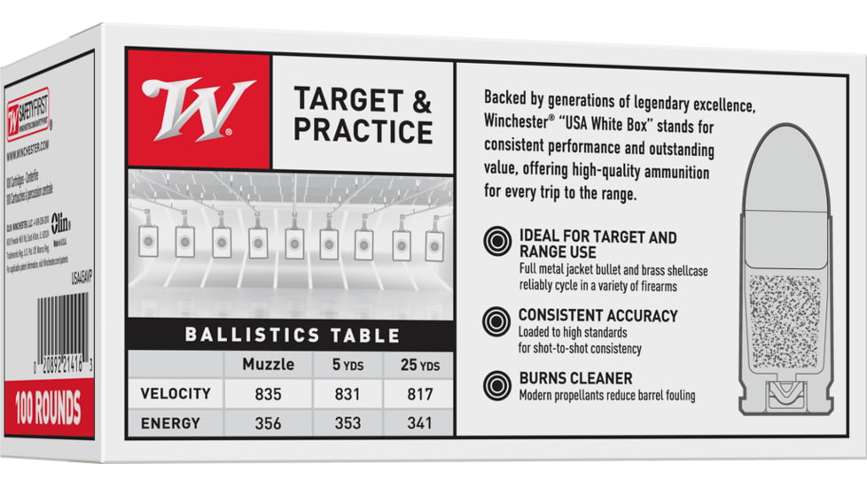 Winchester USA, .45 ACP, 230 Grain, FMJ, Brass Case, Centerfire Pistol Ammo, 100 Rounds Box, USA45AVP