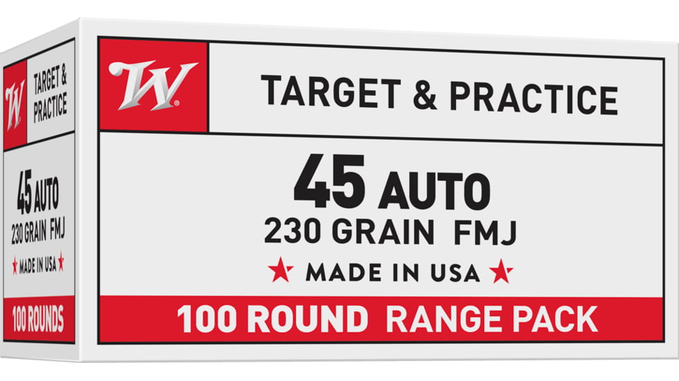 Winchester USA, .45 ACP, 230 Grain, FMJ, Brass Case, Centerfire Pistol Ammo, 100 Rounds Box, USA45AVP