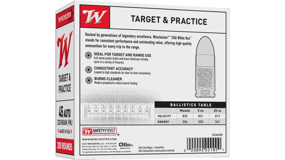 Winchester USA, .45 ACP, 230 Grain, FMJ, Brass Case, Centerfire Pistol Ammo, 200 Rounds Box, USA45W