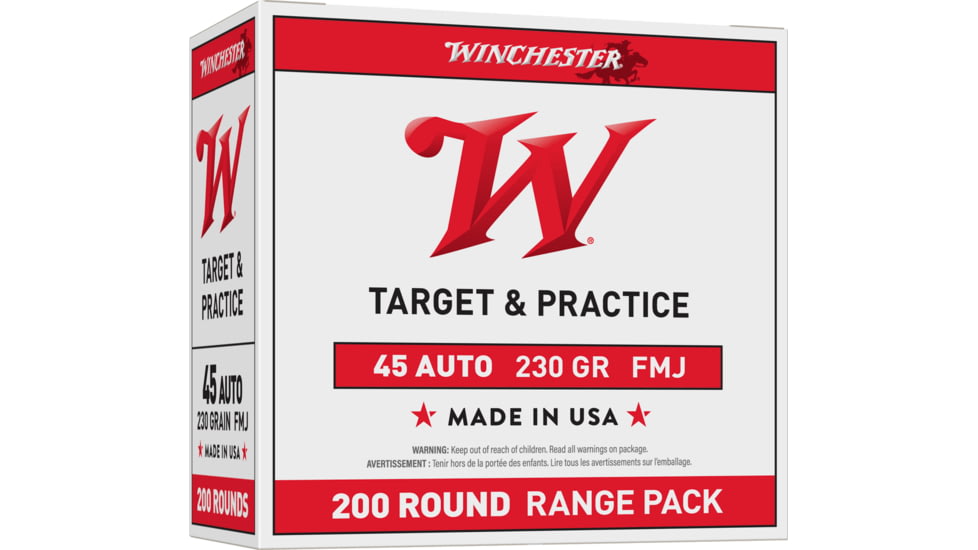 Winchester USA, .45 ACP, 230 Grain, FMJ, Brass Case, Centerfire Pistol Ammo, 200 Rounds Box, USA45W
