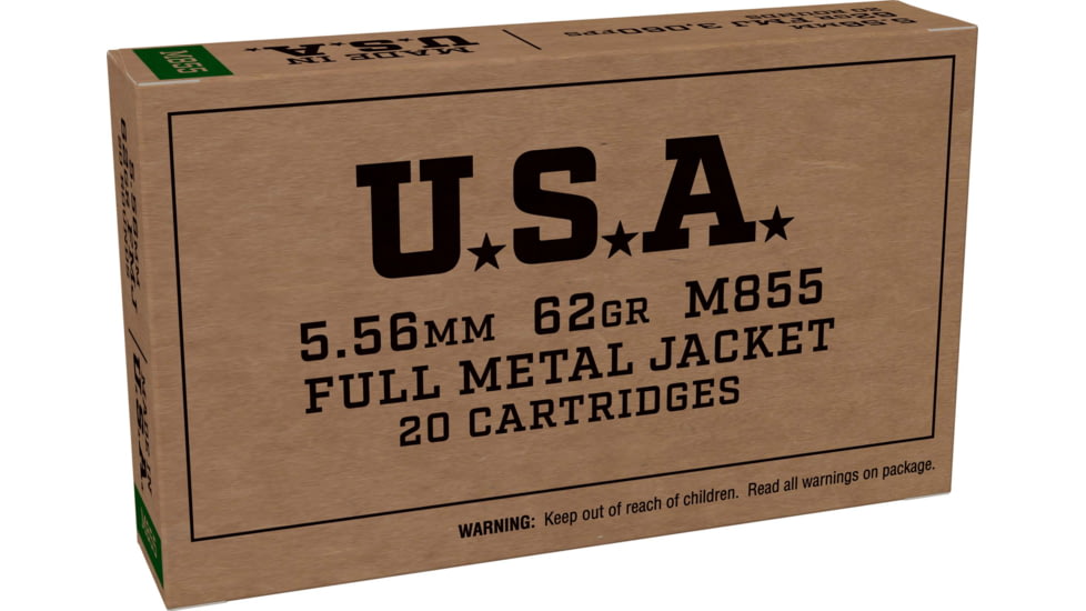 Winchester USA 5.56x45mm NATO 62 grain Green Tip M855 Full Metal Jacket Boat Tail FMJBT Brass Centerfire Rifle Ammo, 20 Rounds, SGM855KW