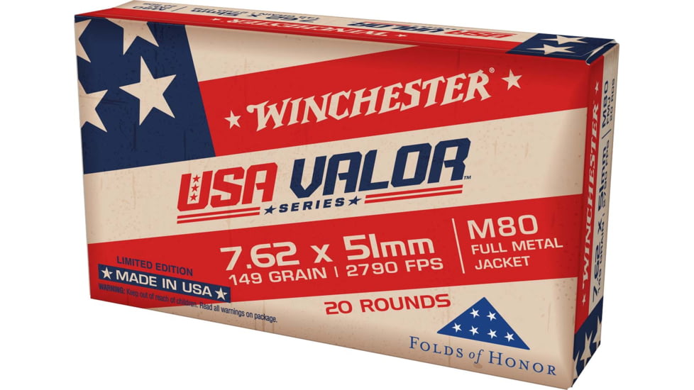 Winchester USA 7.62x51mm 149 Grain Full Metal Jacket Centerfire Rifle Ammunition, 20 Rounds, USAVM80X