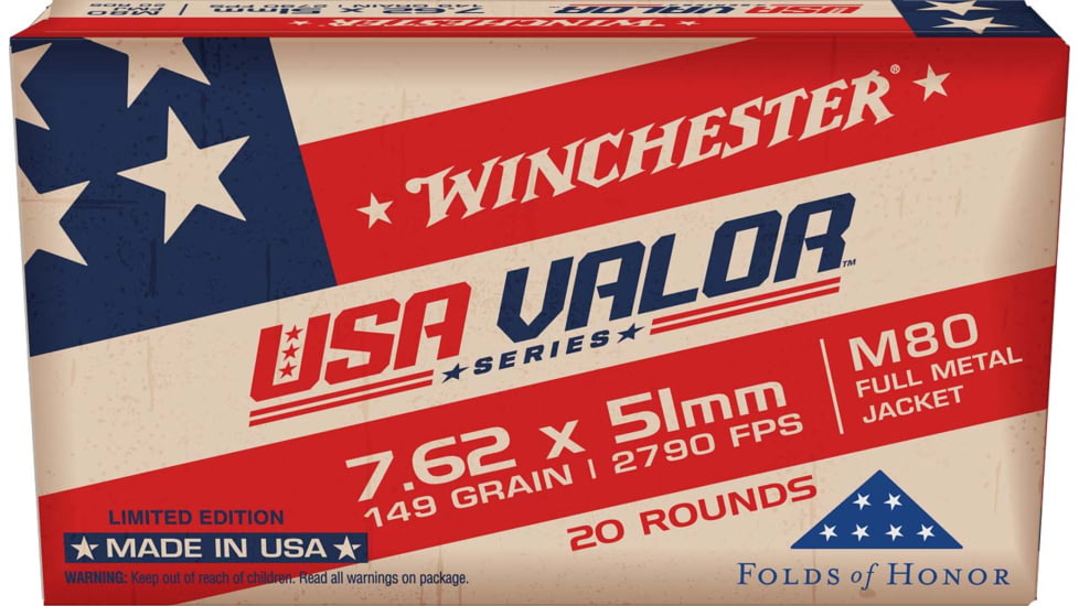 Winchester USA 7.62x51mm 149 Grain Full Metal Jacket Centerfire Rifle Ammunition, 20 Rounds, USAVM80X