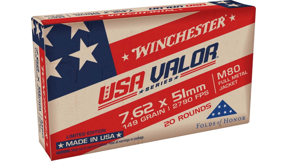 Winchester USA 7.62x51mm 149 Grain Full Metal Jacket Rifle Ammo, 20 Round, USAVM80X