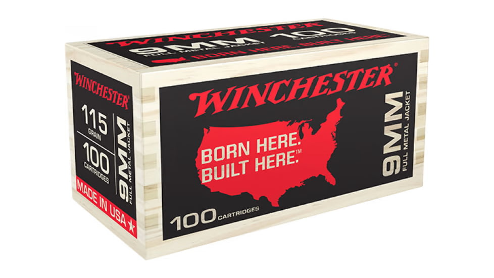 Winchester USA 9 mm Luger 115 Grain Full Metal Jacketed Pistol Ammo, 100 Rounds, Wooden Box, USA9WB