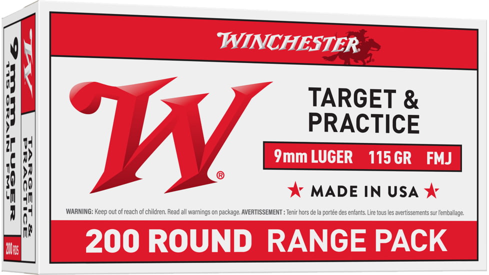 Winchester USA 9mm Luger 115 Grain Full Metal Jacket Brass Cased Centerfire Pistol Ammo, 200 Rounds, USA9WY