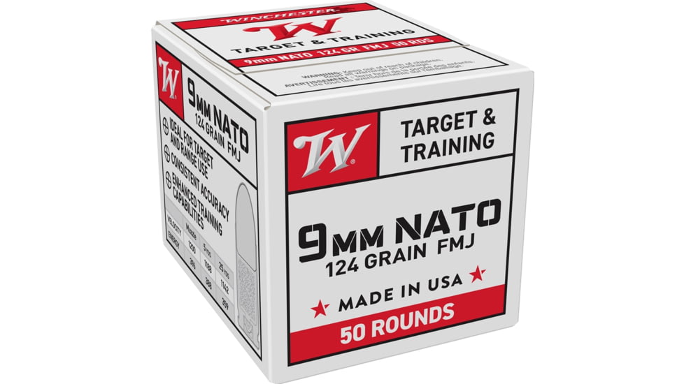 Winchester USA 9mm NATO 124 Grain Full Metal Jacket FMJ Brass Cased Pistol Ammo, 50 Rounds, W9NATO50