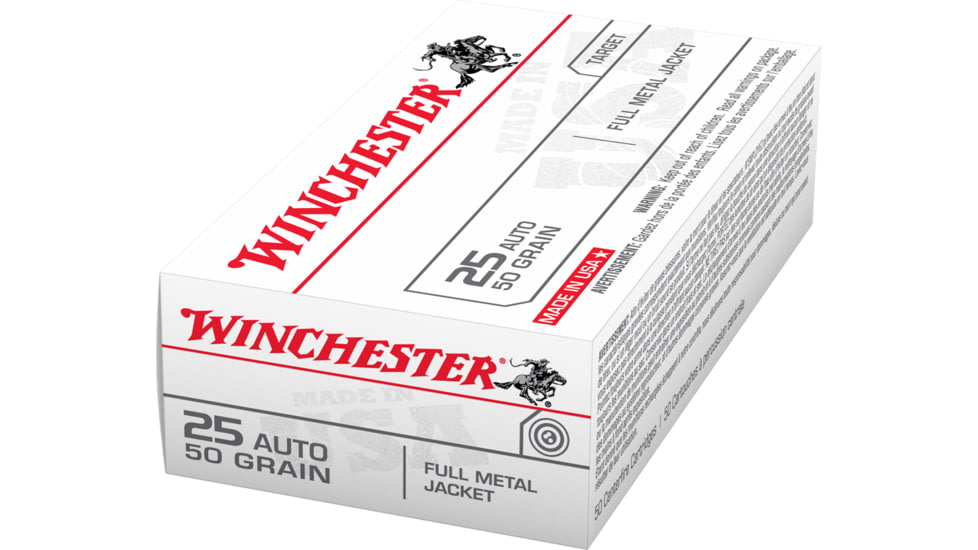 Winchester USA Handgun .25 ACP 50 grain Full Metal Jacket Centerfire Pistol Ammo, 50 Rounds, Q4203