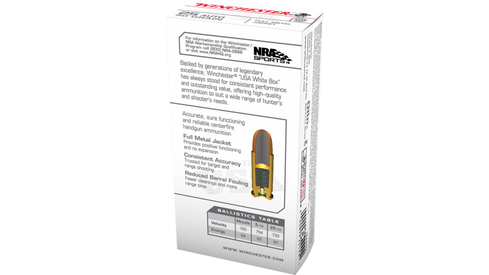 Winchester USA Handgun .25 ACP 50 grain Full Metal Jacket Centerfire Pistol Ammo, 50 Rounds, Q4203