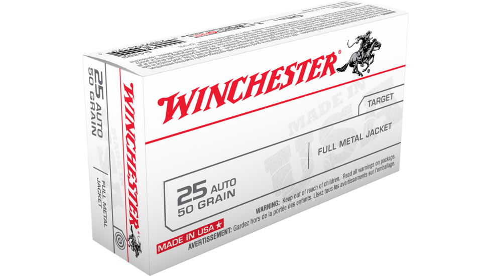 Winchester USA Handgun .25 ACP 50 grain Full Metal Jacket Centerfire Pistol Ammo, 50 Rounds, Q4203