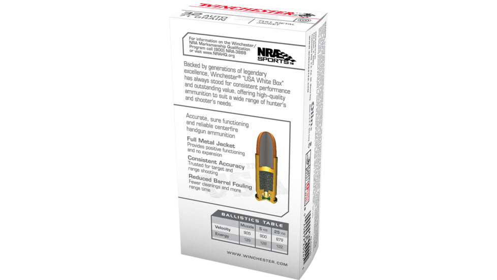 Winchester USA Handgun .32 ACP 71 grain Full Metal Jacket Brass Cased Centerfire Pistol Ammo, 50 Rounds, Q4255