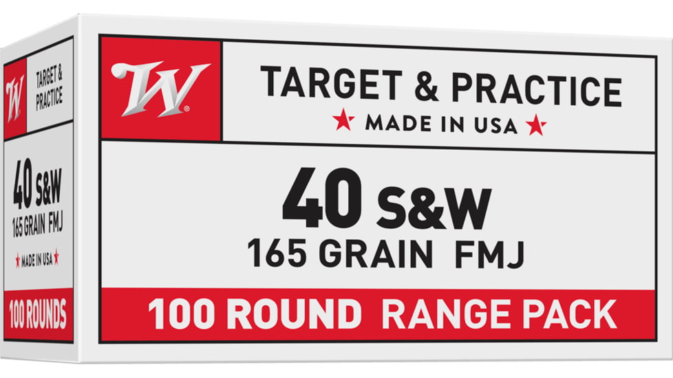 Winchester USA Handgun, .40 S&amp;W, 165 grain, Full Metal Jacket, Brass, Centerfire Pistol Ammo, 100 Rounds, USA40SWVP